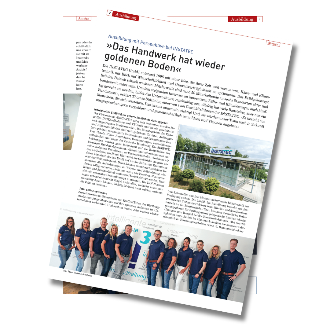 Das Foto zeigt einen Ausschnitt aus einem Magazin das die Ausbildung der Instatec GmbH beschreibt.