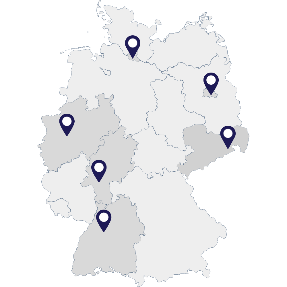 Die Grafik illustriert das Land Deutschland und die einzelnen SERVICE Stützpunkte der Instatec GmbH.