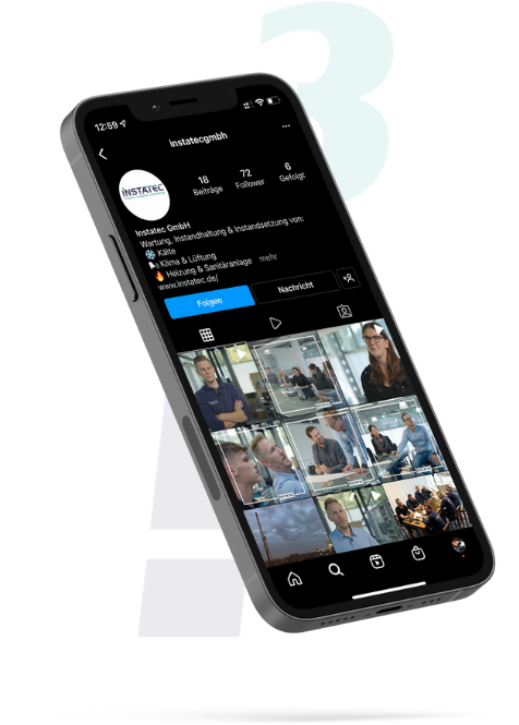 Das Foto zeigt ein Mockup von einem Handy auf dem das Instagram Profil der Instatec GmbH zu sehen ist